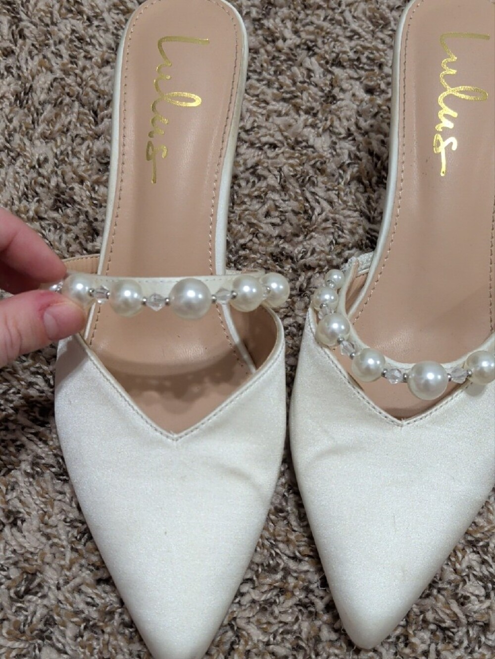 Lulu's Daryll white satin pearl embellished pointed toe mule pumps wedding - Picture 11 of 12